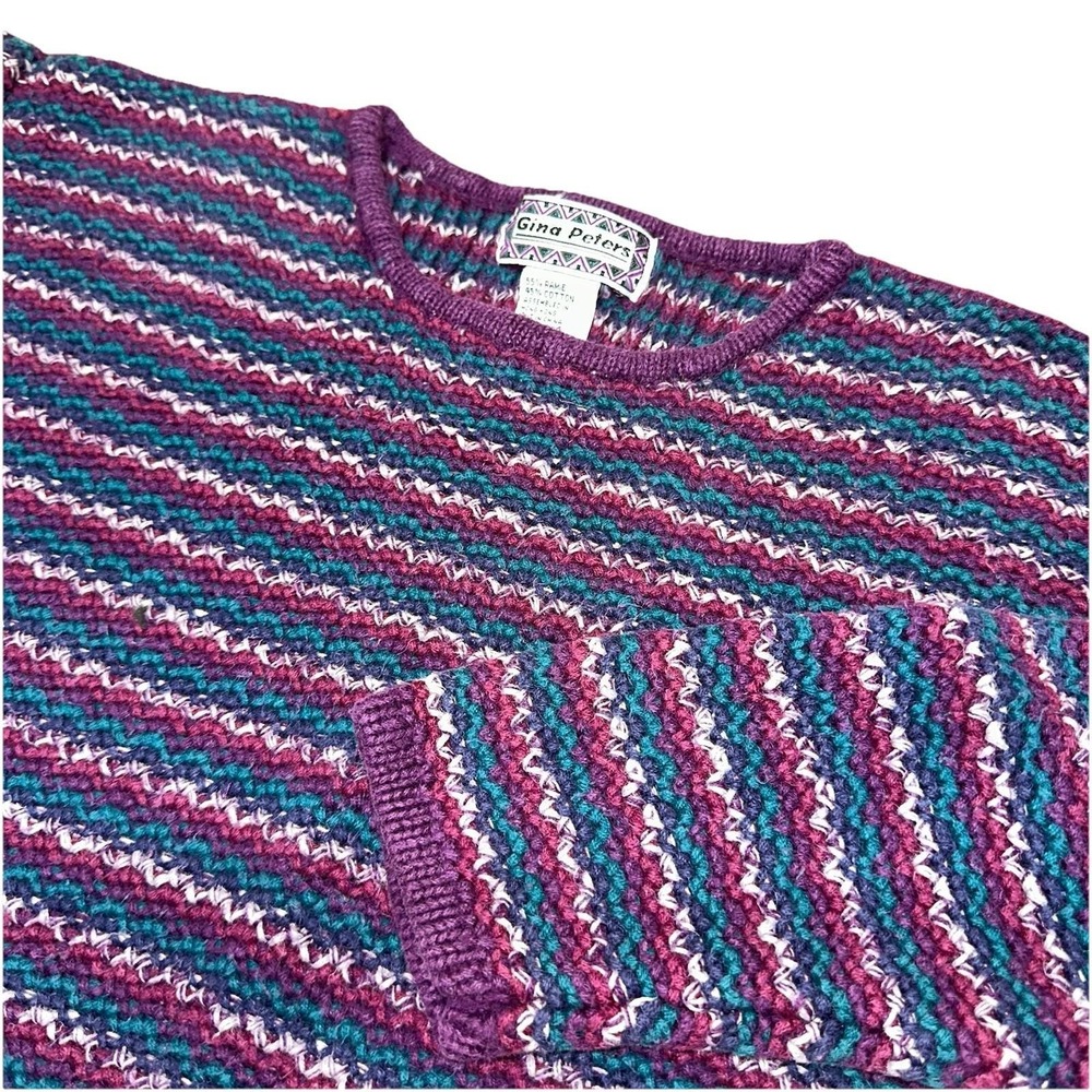 Gina Peters Purple Striped Chunky Knit Sweater  Vtg Bohemian Grannycore Womens L